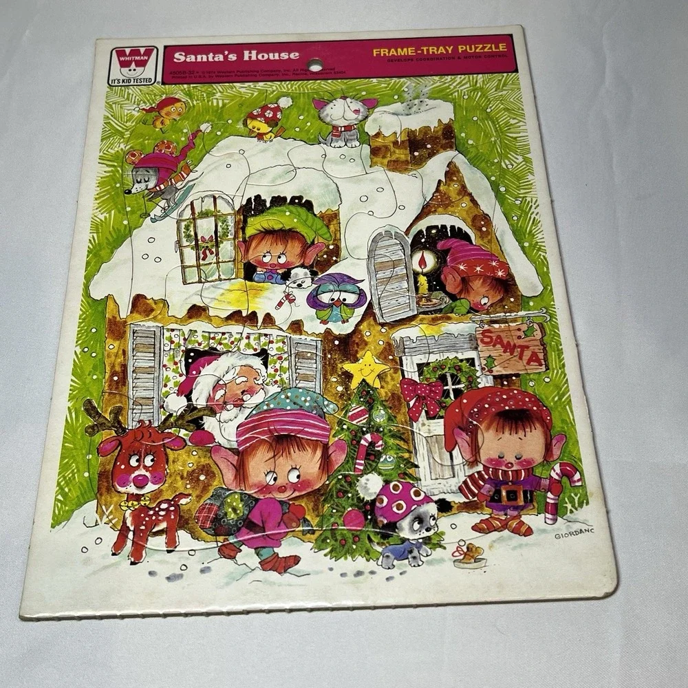 Vintage 1974 Christmas Puzzle Santa's house Elfs Whitman Children's‎ Frame Tray